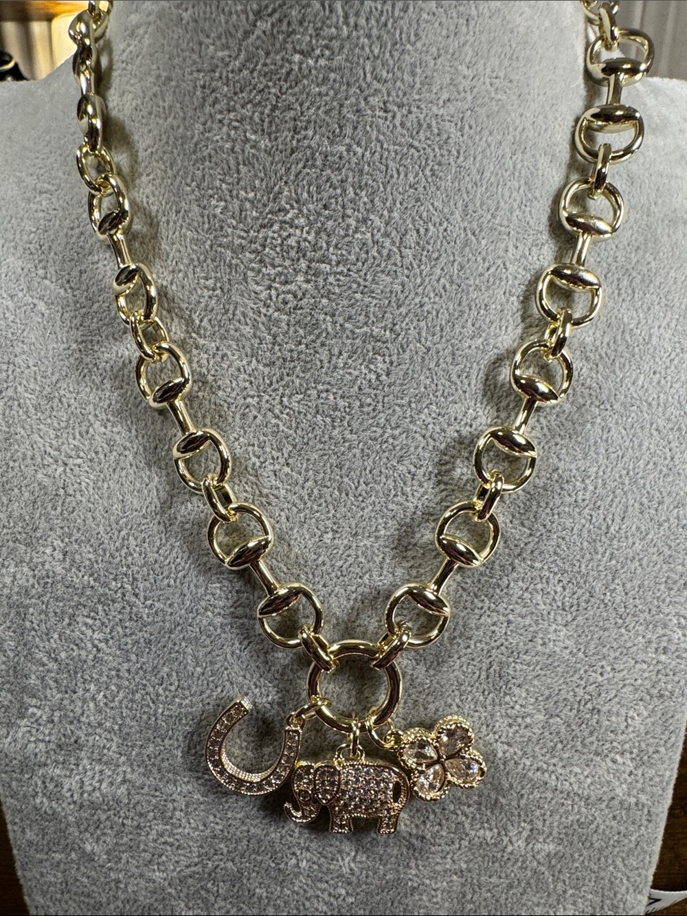 Gold-Tone Lucky Charm Pendant Necklace with Horseshoe, Elephant & Clover